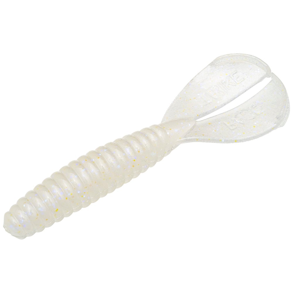 The Strike King Rage Tail Menace Grub is a white ribbed soft plastic bass bait with a split tail and slight sparkle, ideal as a jig trailer to mimic small aquatic creatures and attract fish.