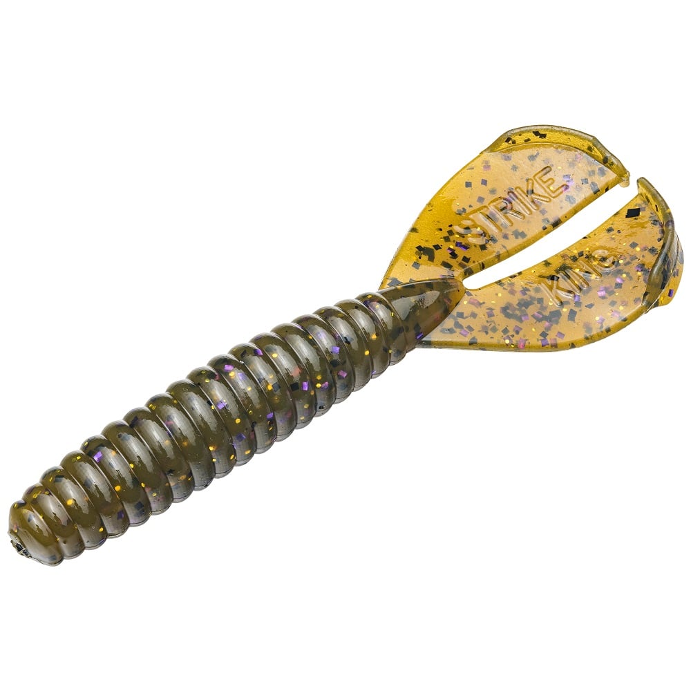 The Strike King Rage Tail Menace Grub, by Strike King, is a soft plastic lure with a ribbed dark green body and translucent yellow split tail, speckled with black to mimic prey and attract bass.