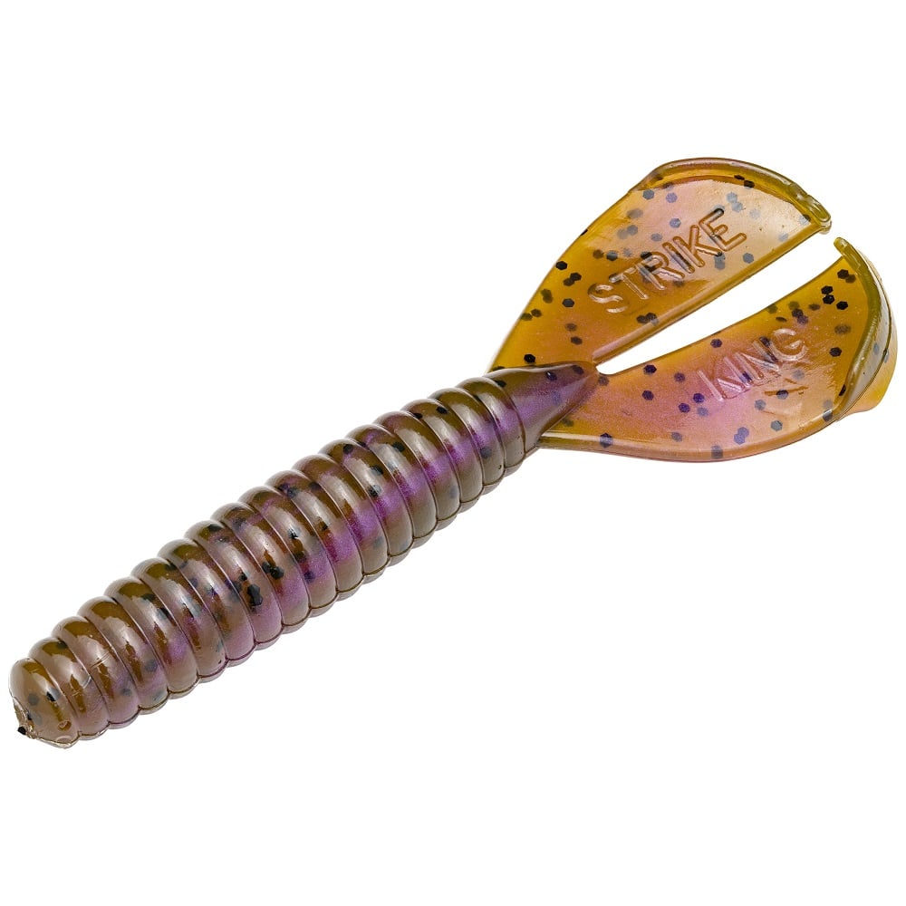 The Strike King Rage Tail Menace Grub fishing lure features a textured, ribbed body in purple and brown with twin paddle tails marked "STRIKE KING" and enhanced with black speckles, making it an ideal bass bait.