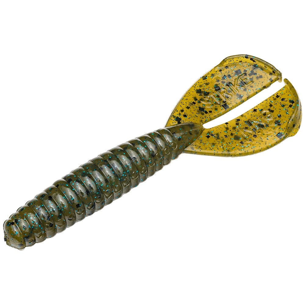 The Strike King Rage Tail Menace Grub by Strike King is a green and yellow ribbed soft plastic fishing lure with speckles and a paddle tail design. Ideal for bass bait, it mimics fish or tadpoles and effectively attracts freshwater fish with lifelike motion.