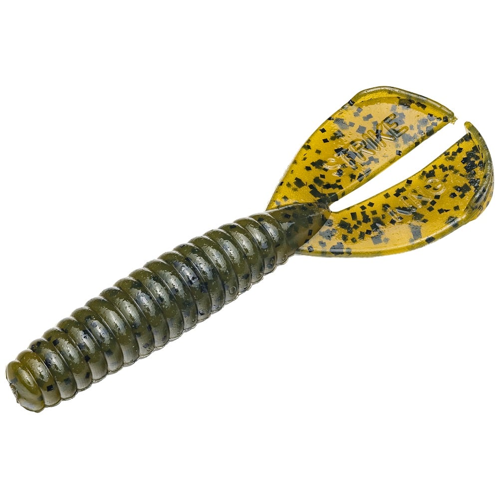 The Strike King Rage Tail Menace Grub, crafted by Strike King, is a soft plastic bass bait with a grub-shaped design. It features an olive-green ribbed body and a translucent yellow tail speckled in black. The double-tail looks like claws or fins, ideal for attracting fish.