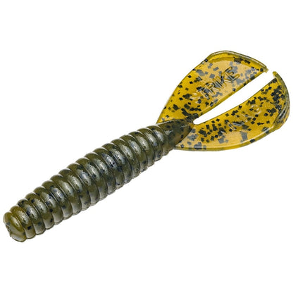 The Strike King Rage Tail Menace Grub, crafted by Strike King, is a soft plastic bass bait with a grub-shaped design. It features an olive-green ribbed body and a translucent yellow tail speckled in black. The double-tail looks like claws or fins, ideal for attracting fish.