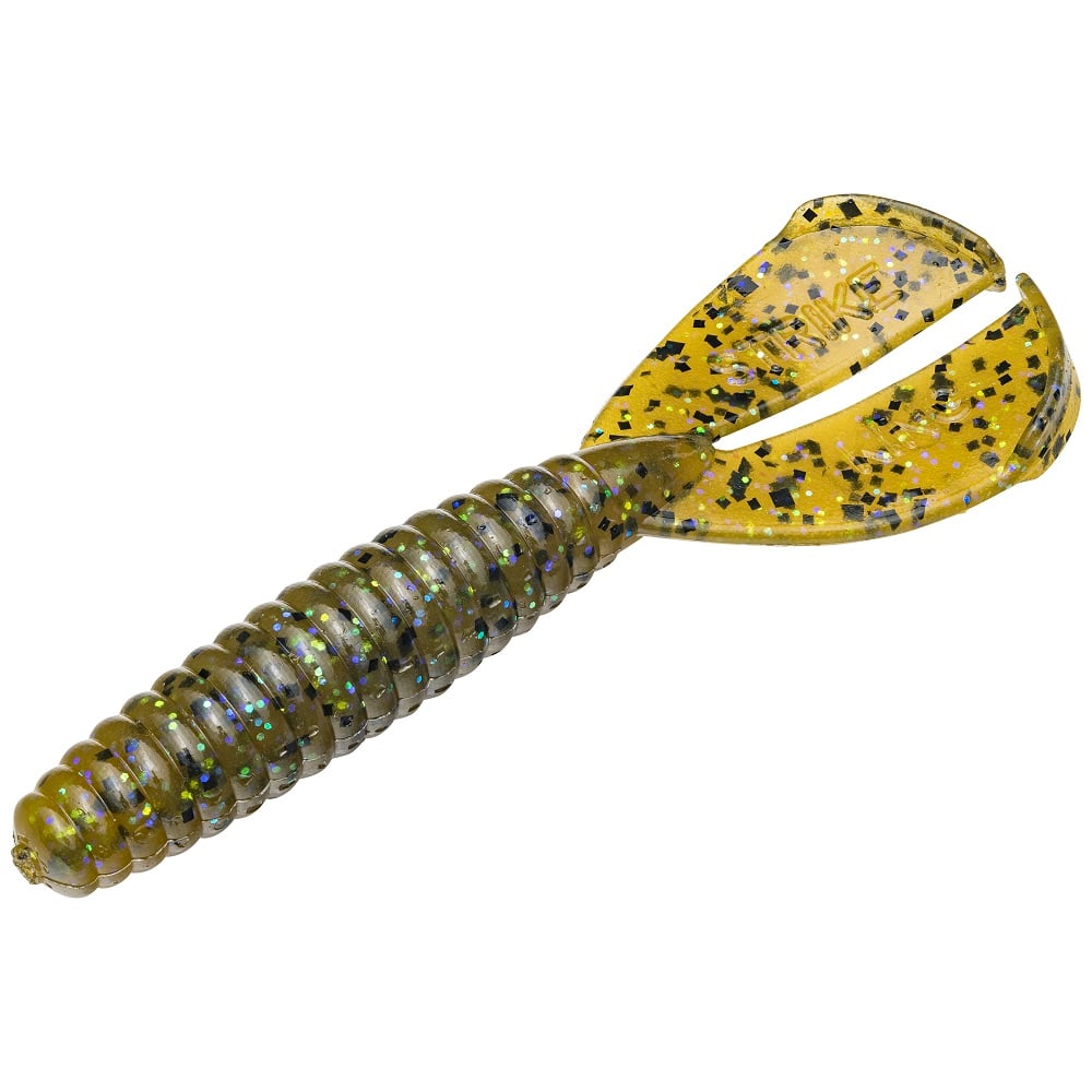 The Strike King Rage Tail Menace Grub is a green and gold fishing lure with a ribbed body and twin tails, adorned with black speckles. Its shiny, textured look makes it ideal as a jig trailer for bass attraction.