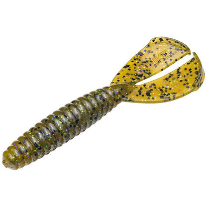 The Strike King Rage Tail Menace Grub is a green and gold fishing lure with a ribbed body and twin tails, adorned with black speckles. Its shiny, textured look makes it ideal as a jig trailer for bass attraction.
