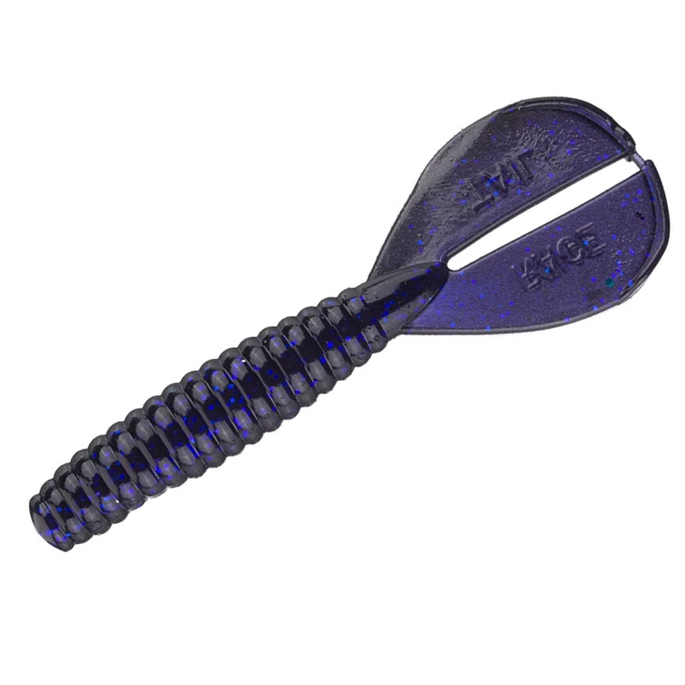 Discover the Strike King Rage Tail Menace Grub, a blue, ribbed soft plastic bait with a flat fin-like tail designed for fishing. Its dual paddle sections ensure lifelike movement in the water, perfect for attracting bass and other eager predators.