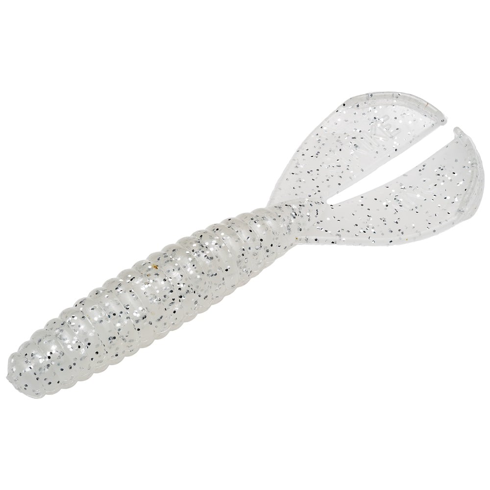 The Strike King Rage Tail Menace Grub is a clear ribbed grub with black speckles, designed like a thick worm with a split tail—ideal as a soft plastic bass bait.