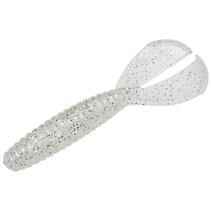 The Strike King Rage Tail Menace Grub is a clear ribbed grub with black speckles, designed like a thick worm with a split tail—ideal as a soft plastic bass bait.