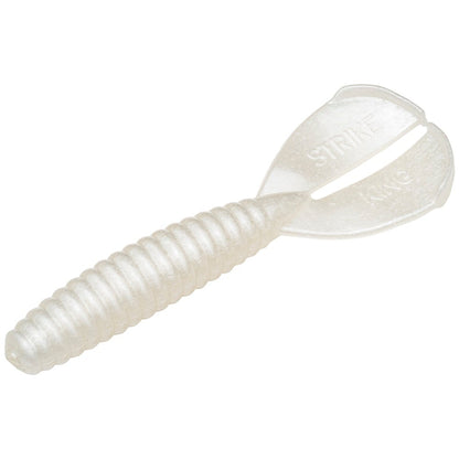 The Strike King Rage Tail Menace Grub is a soft plastic bass bait with a pearly white, ribbed body and curly tail. Its split, paddle-like design enhances movement, while the "Strike King" logo embossed on the tail adds to its attractiveness for your next big catch.