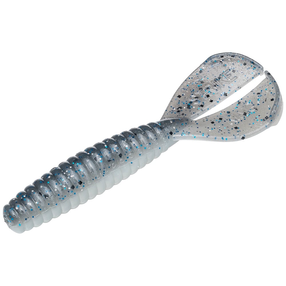 Close-up of a Strike King Rage Tail Menace Grub, featuring a ribbed body and split tail. This bass lure is gray with blue and black flakes, designed to mimic natural prey.