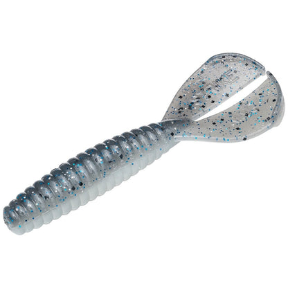 Close-up of a Strike King Rage Tail Menace Grub, featuring a ribbed body and split tail. This bass lure is gray with blue and black flakes, designed to mimic natural prey.