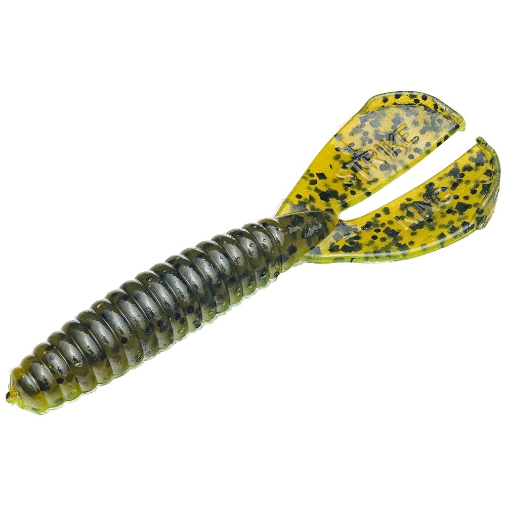 The Strike King Rage Tail Menace Grub, a green ribbed soft plastic lure, boasts dual fan-shaped tails with black speckles for a lifelike look. Perfect as bass bait, it offers enticing water action to attract fish.