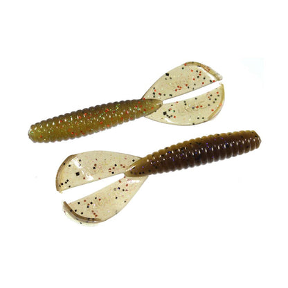The Strike King Rage Tail Menace Grub features two soft plastic lures designed to mimic small aquatic creatures. These ribbed, split-tail baits have translucent bodies with black and red specks. The top lure is olive green, while the bottom one has a brownish tint, ideal for bass fishing.