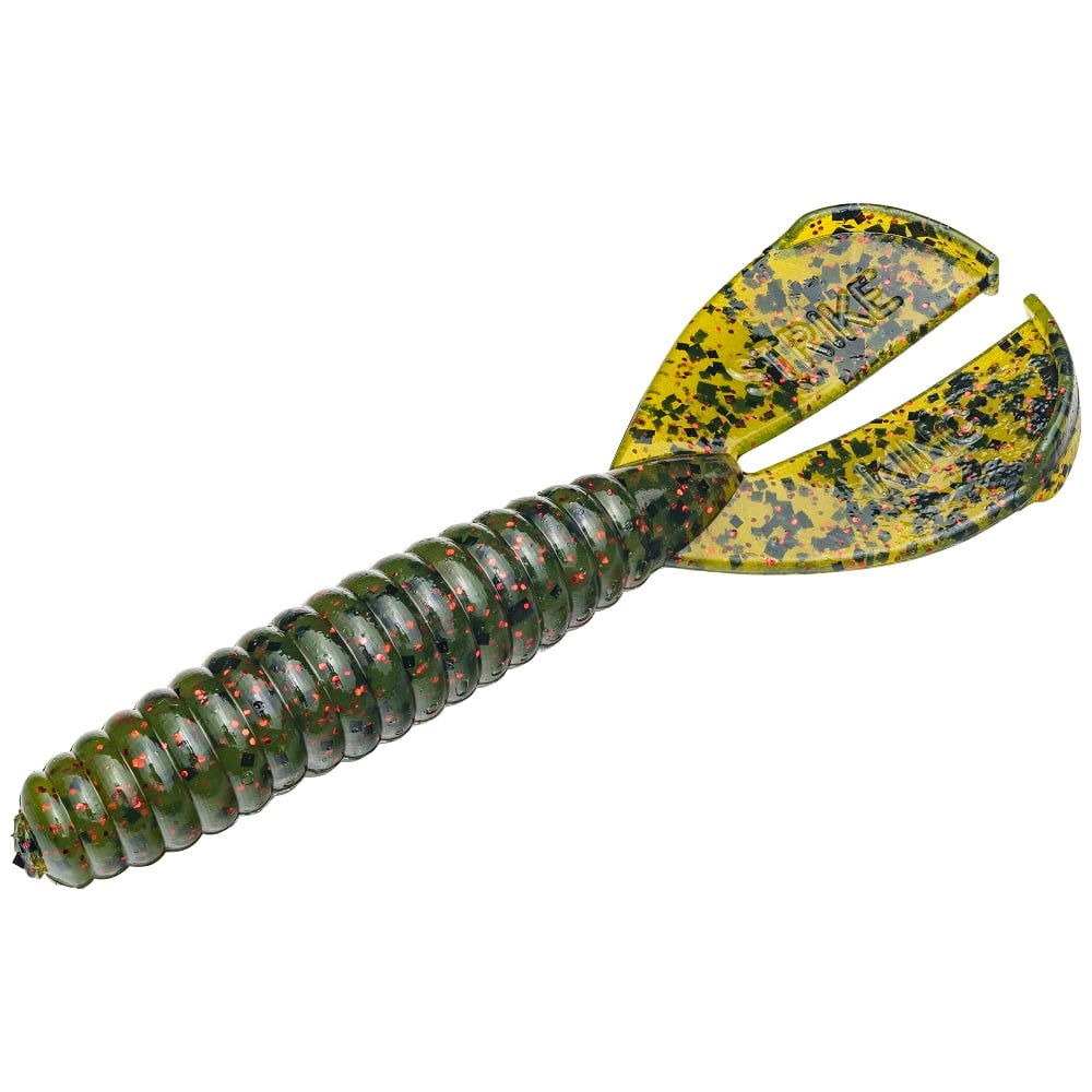 The Strike King Rage Tail Menace Grub by Strike King is a green ribbed soft plastic grub with red and black specks, featuring a split flat tail matching its vibrant coloring, making it ideal for bass fishing.