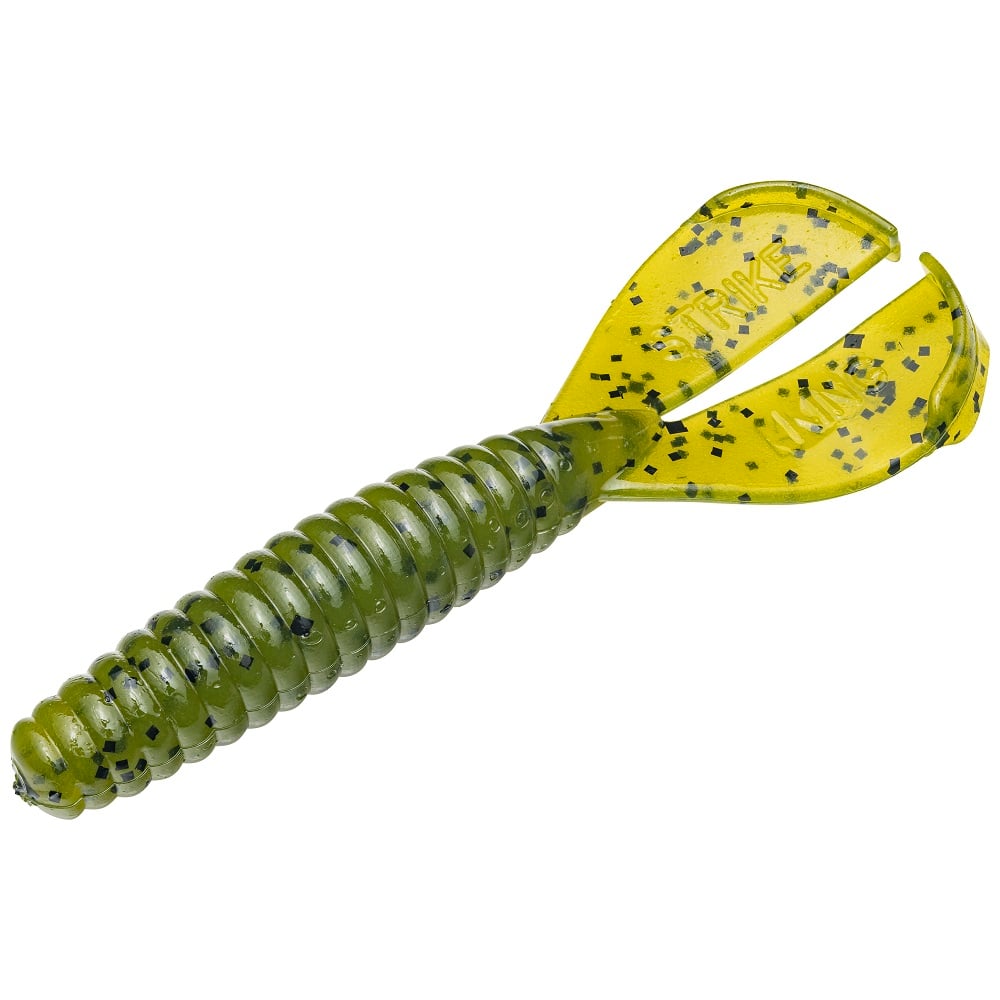 The Strike King Rage Tail Menace Grub is a green and yellow soft plastic lure featuring a ribbed body with two paddle-like appendages and black speckles. It's ideal for bass fishing, imitating the motion of a grub or crawfish.