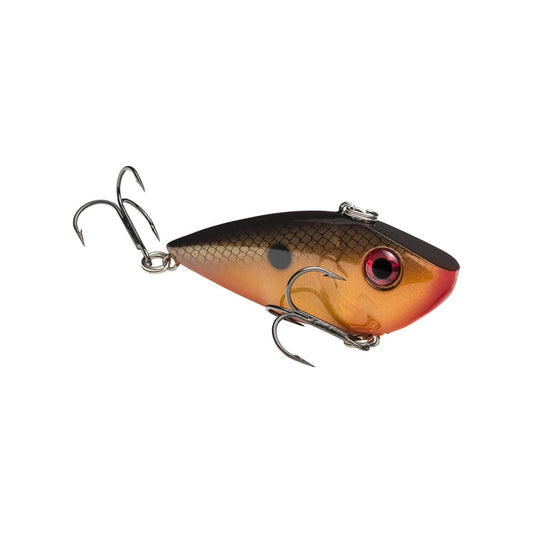 The Strike King Red Eye Shad is a lipless crankbait with a red eye, orange-black gradient scale pattern, and dual treble hooks—ideal for anglers aiming for pro tour results.