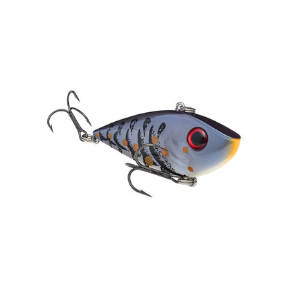 The Strike King Red Eye Shad by Strike King features a blue and gray body, red eye, orange spots, black patterns, and two treble hooks for pro tour anglers.