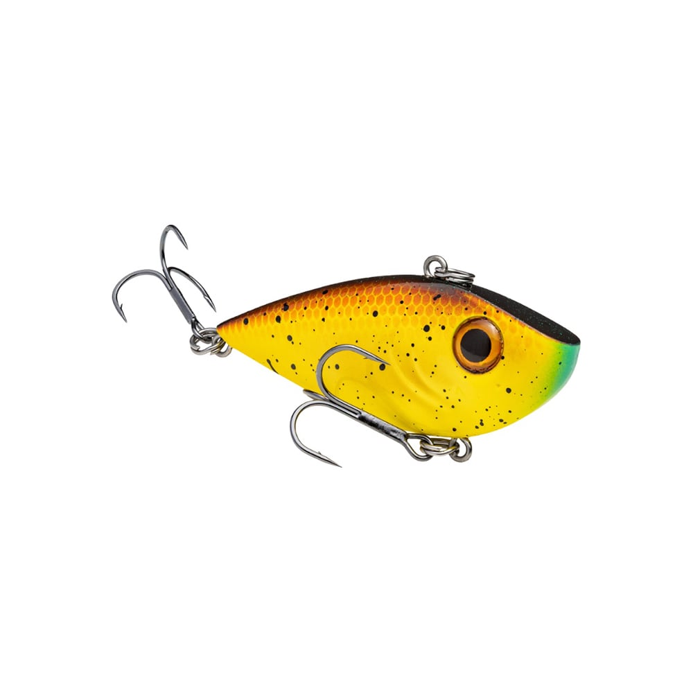 The Strike King Red Eye Shad lipless crankbait by Strike King is yellow and orange with a black back, green accents by the head, a large black eye, and two treble hooks, shown on a white background.