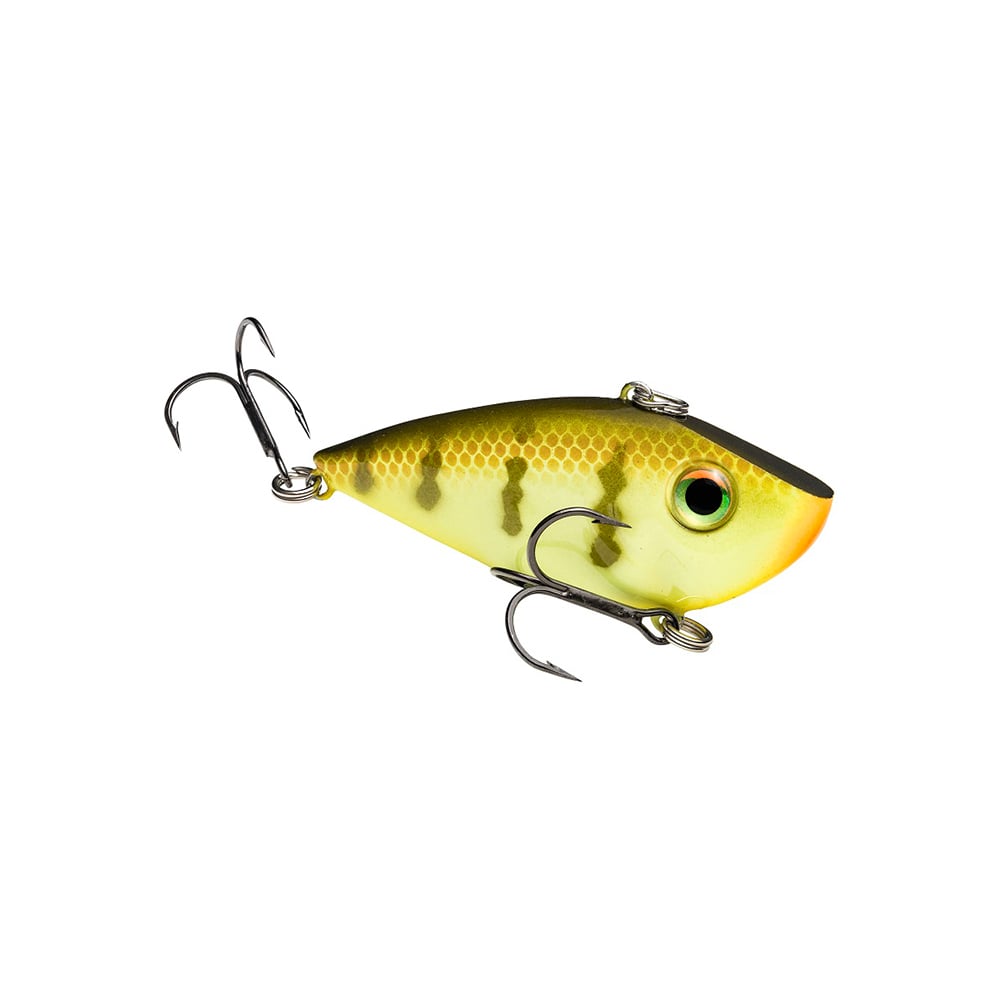 The Strike King Red Eye Shad by Strike King is a yellow-green fish-shaped lipless crankbait with black stripes, a large eye, and two treble hooks on the bottom and tail, ideal for pro tour anglers. Shown isolated on white background.