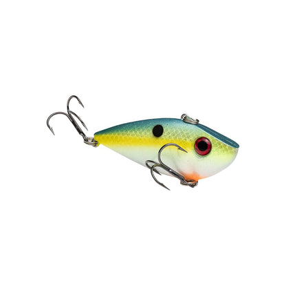 The Strike King Red Eye Shad by Strike King is a colorful lipless crankbait with a blue top, yellow sides, white belly, black spot, red eyes, and two treble hooks—one below and one at the tail—shown on a plain white background.