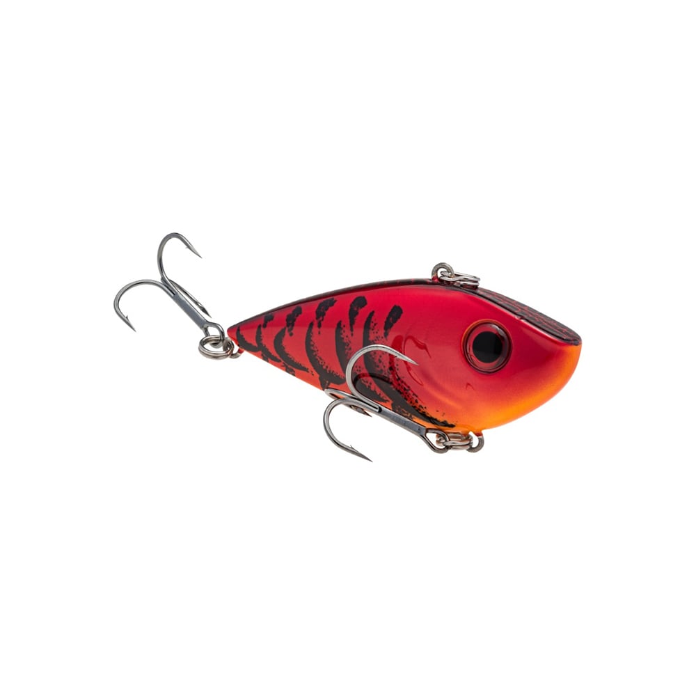The Strike King Red Eye Shad by Strike King is a red and orange lipless crankbait fishing lure with black patterns, two large treble hooks, and a realistic eye, shown on a white background.