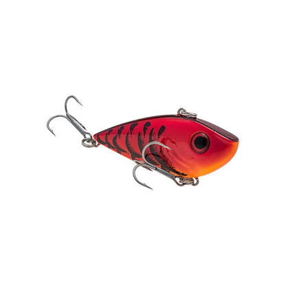 The Strike King Red Eye Shad by Strike King is a red and orange lipless crankbait fishing lure with black patterns, two large treble hooks, and a realistic eye, shown on a white background.