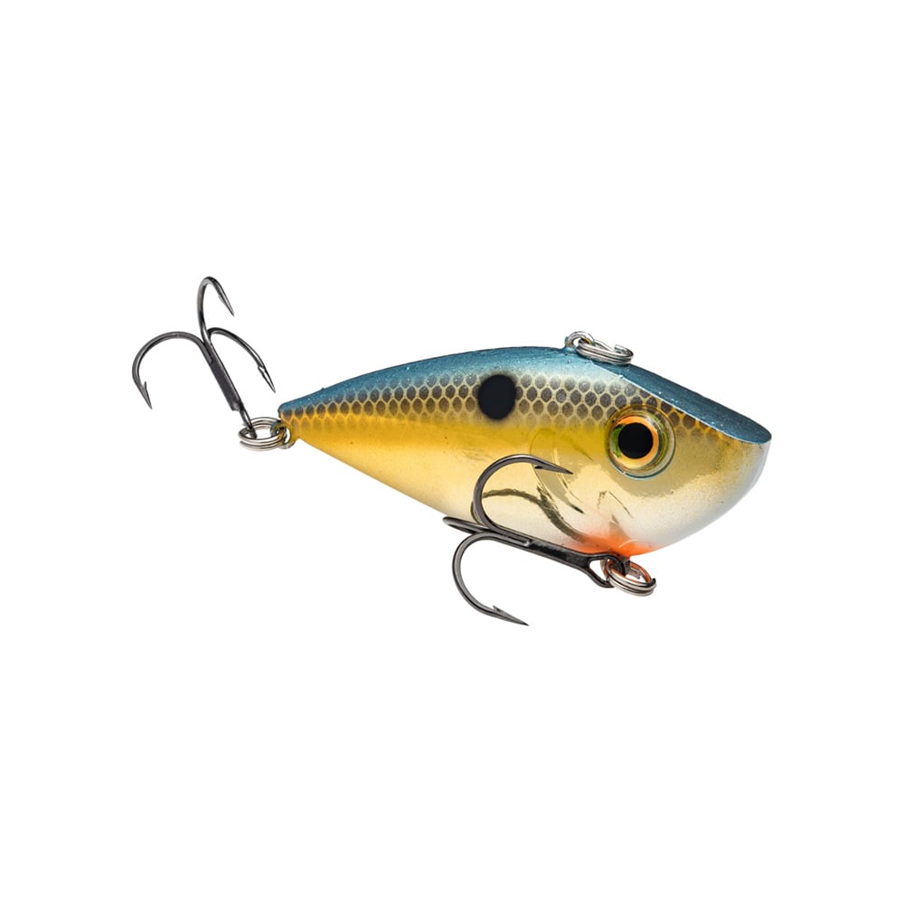 The Strike King Red Eye Shad by Strike King is a colorful, fish-shaped lipless crankbait featuring blue and yellow colors, a black spot near the head, and two treble hooks on its underside and tail, displayed against a white background.