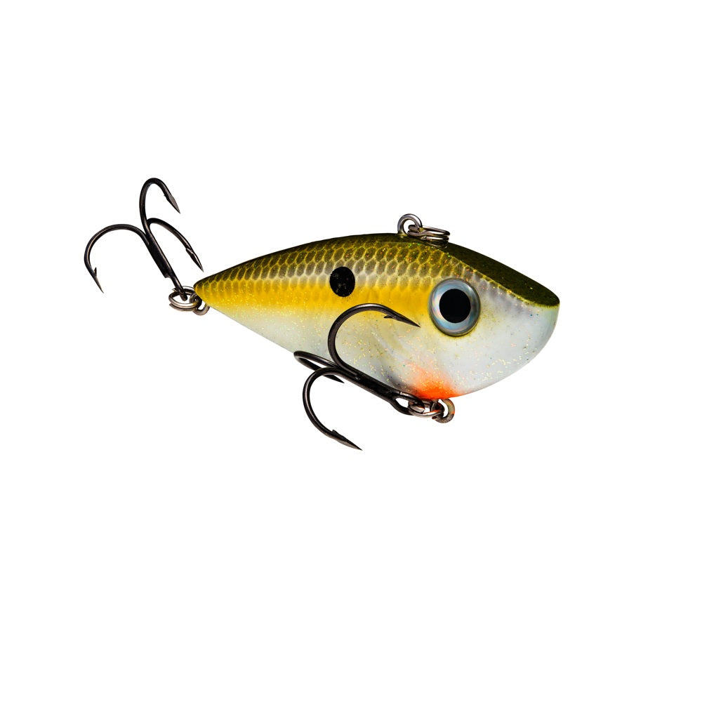 The Strike King Red Eye Shad is a vibrant, fish-shaped lipless crankbait with a yellow-green body, large eye, and two premium hooks on the underside and tail—perfect for attracting bites.