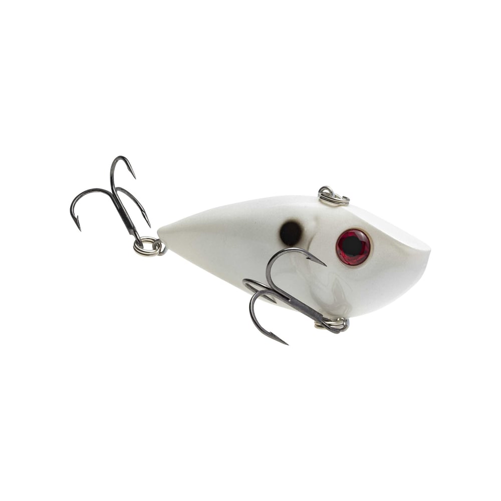 The Strike King Red Eye Shad is a white lipless crankbait by Strike King, featuring two treble hooks, a red eye, and a black spot, designed to mimic baitfish and appeal to pro tour anglers.