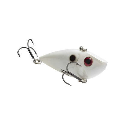 The Strike King Red Eye Shad is a white lipless crankbait by Strike King, featuring two treble hooks, a red eye, and a black spot, designed to mimic baitfish and appeal to pro tour anglers.