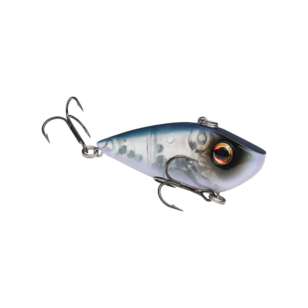 The Strike King Red Eye Shad by Strike King is a lipless crankbait shaped like a small fish, featuring a shiny blue and silver body, lifelike eye, and two sharp treble hooks—perfect for professional anglers.