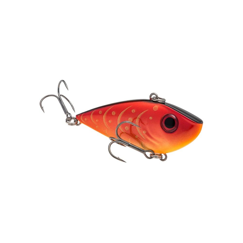 The Strike King Red Eye Shad by Strike King is a brightly colored orange and red lipless crankbait with two treble hooks, black accents, and a lifelike eye, designed to look like a small fish—ideal for pro tour anglers.