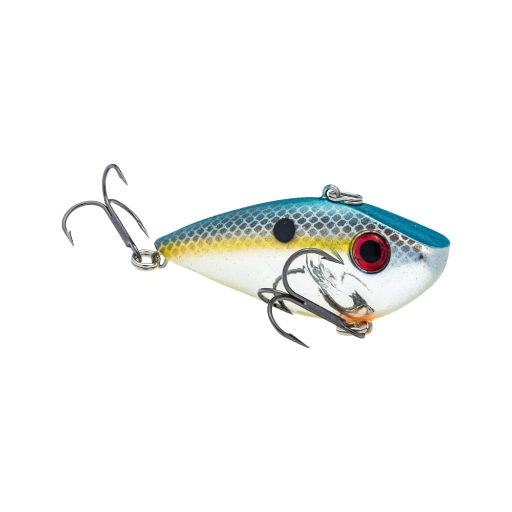 The Strike King Red Eye Shad by Strike King is a lipless crankbait shaped like a small fish, with a blue top, yellow stripe, white belly, red eye, black dot, and two treble hooks—perfect for pro tour anglers.