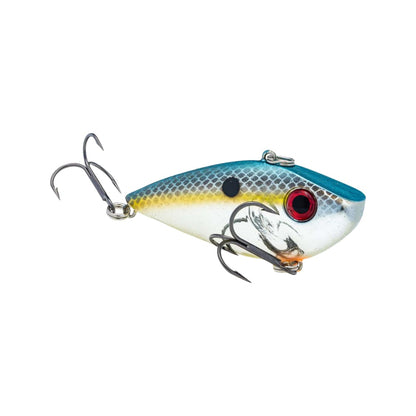 The Strike King Red Eye Shad by Strike King is a lipless crankbait shaped like a small fish, with a blue top, yellow stripe, white belly, red eye, black dot, and two treble hooks—perfect for pro tour anglers.
