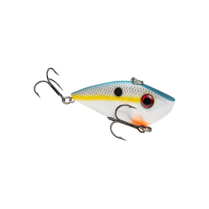 The Strike King Red Eye Shad is a lipless crankbait with a white body, blue and yellow accents, red near the eye, black side spot, and two treble hooks—ideal for pro tour anglers.