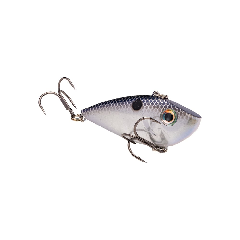 The Strike King Red Eye Shad by Strike King is a realistic, fish-shaped lipless crankbait featuring a silver and blue body, black spot, lifelike eyes, and two treble hooks—ideal for pro anglers demanding top performance.