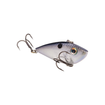 The Strike King Red Eye Shad by Strike King is a realistic, fish-shaped lipless crankbait featuring a silver and blue body, black spot, lifelike eyes, and two treble hooks—ideal for pro anglers demanding top performance.