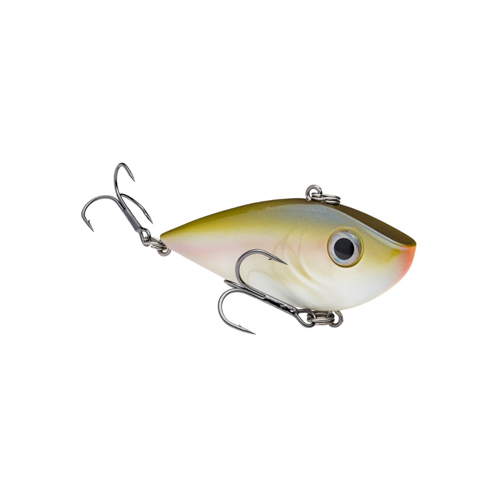 The Strike King Red Eye Shad by Strike King features a realistic fish shape, greenish-brown back, white belly, large eye, and two treble hooks—ideal for pro tour anglers looking for an edge.