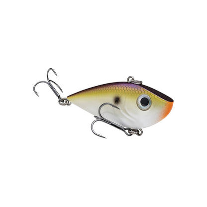 The Strike King Red Eye Shad is a lifelike, fish-shaped lipless crankbait with a white body, yellow back, orange gill area, black eye spot, and two sharp treble hooks—ideal for pro anglers chasing realistic action.