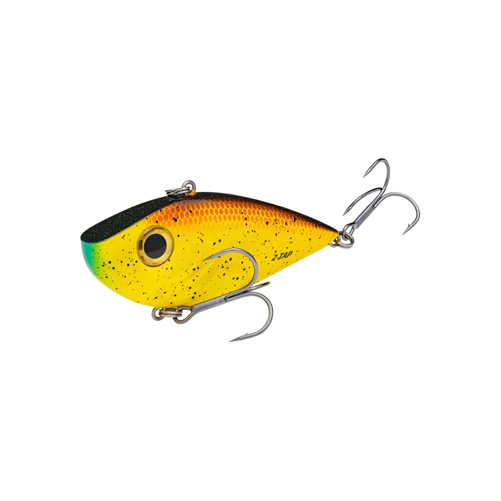 The Strike King Red Eye Shad Tungsten 2 Tap is a lipless crankbait with a vibrant yellow body, green head, black speckles, large eye, and two sharp silver treble hooks for an irresistible catch.
