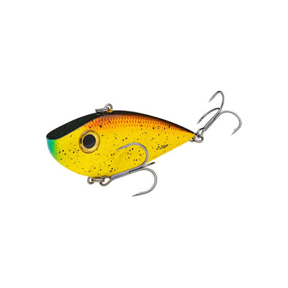 The Strike King Red Eye Shad Tungsten 2 Tap is a lipless crankbait with a vibrant yellow body, green head, black speckles, large eye, and two sharp silver treble hooks for an irresistible catch.