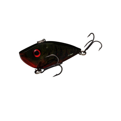 The Strike King Red Eye Shad Tungsten 2 Tap is a dark fish-shaped lipless crankbait with bold red eyes, two treble hooks, and a tungsten sound chamber for extra fish attraction.
