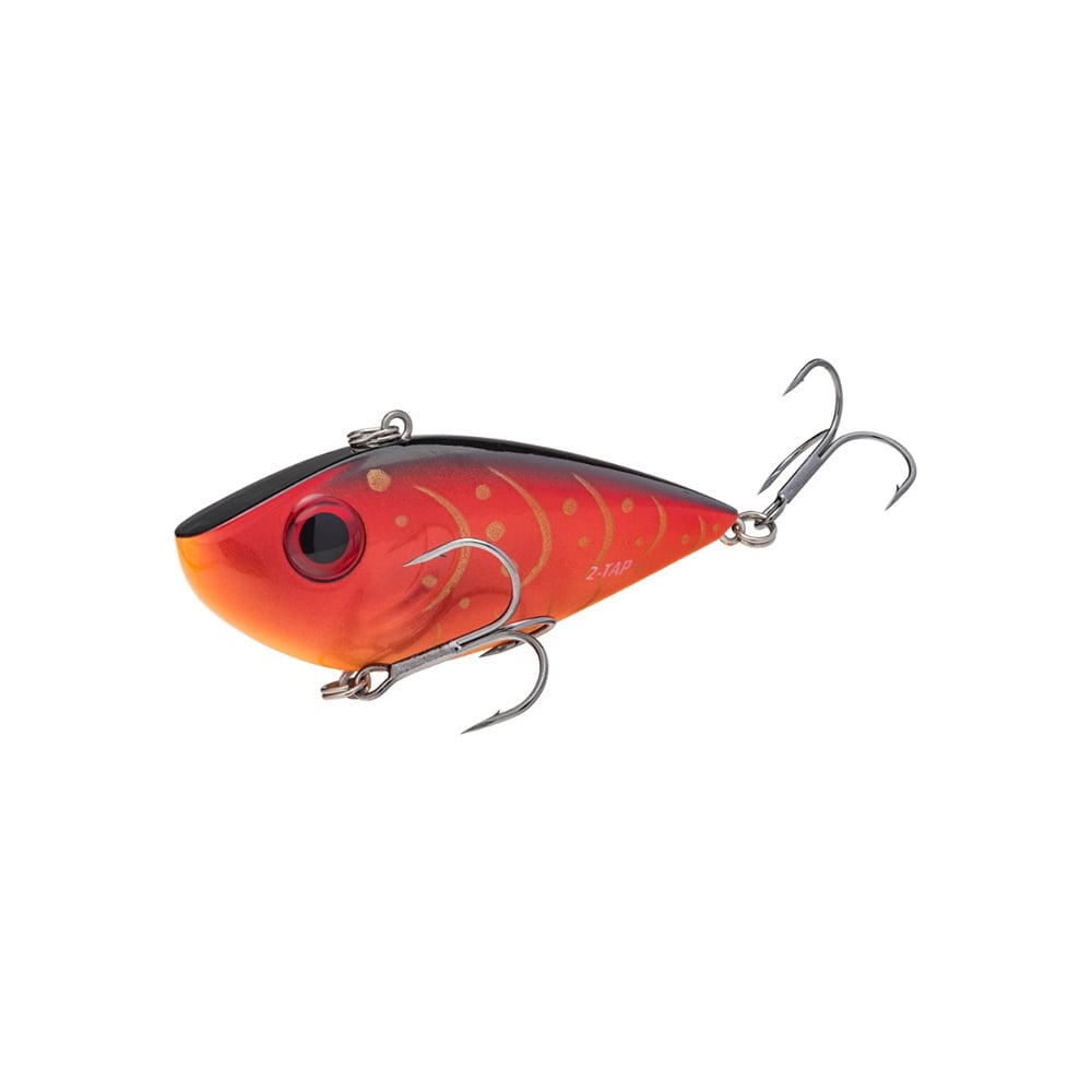 The Strike King Red Eye Shad Tungsten 2 Tap is a vibrant red/orange fish-shaped lipless crankbait with black eyes and yellow spots. It has two metal treble hooks, one below the body and another at the tail, ideal for luring in a trophy catch.