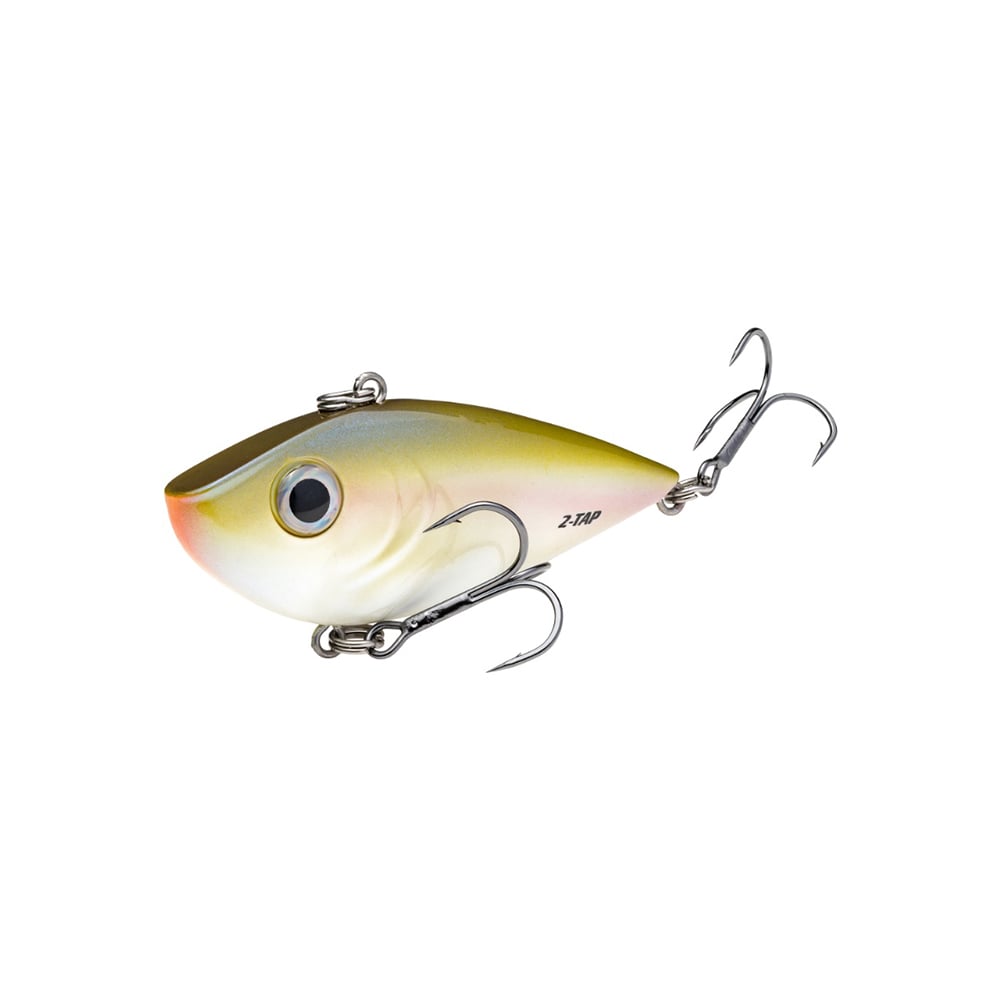 The Strike King Red Eye Shad Tungsten 2 Tap is a lipless crankbait designed with a shiny, multicolored body in shades of yellow, white, and orange. It features a large eye and three sharp metal hooks strategically placed at the bottom and tail.