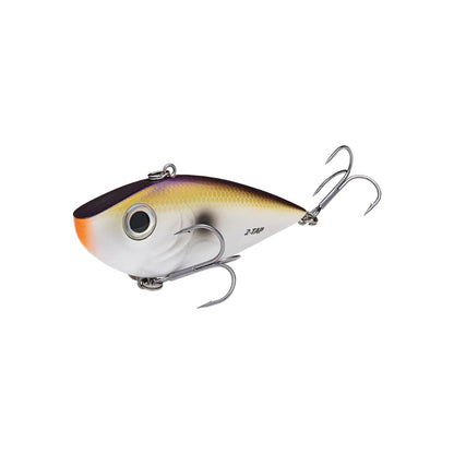 Inspired by the Strike King Red Eye Shad Tungsten 2 Tap, this fish-shaped lure features a vibrant purple and orange top gradient with a shiny silver body, two black eyes, and treble hooks on the underside and tail for optimal performance.
