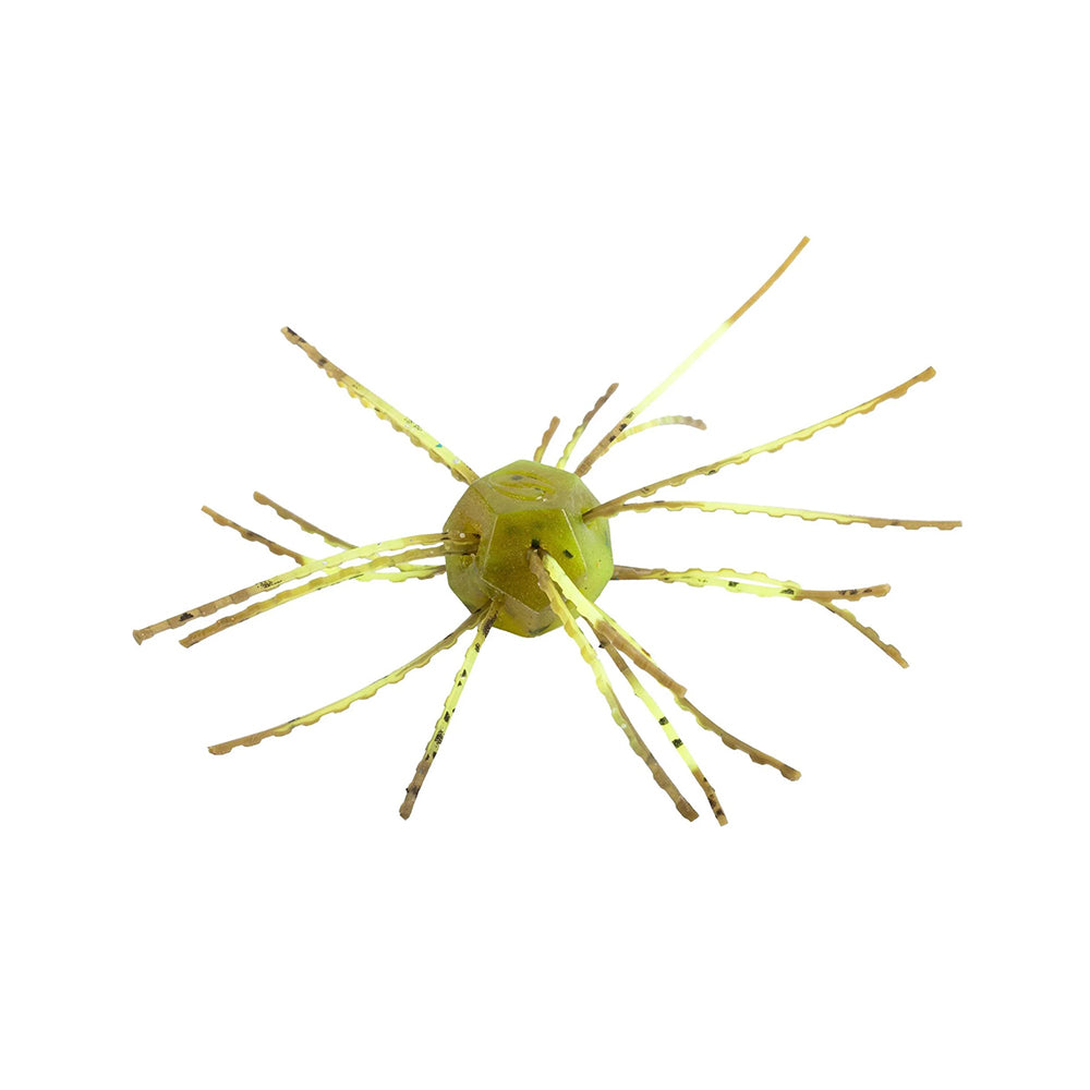 The Strike King Tumbleweed Floating 3" lure features a round olive-green body and yellow-brown wavy rubber strands for lifelike action, resembling spider legs. Sold in a 4-pack by Strike King. Shown against a white background.