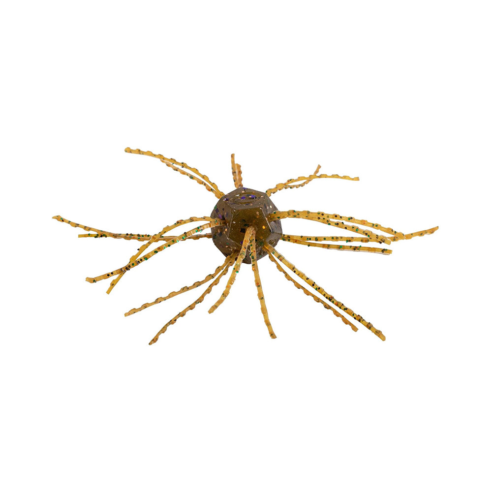 The Strike King Tumbleweed Salted 3" 4pk features brown and yellow round-bodied lures with thin, wavy legs for lifelike, spider-like action—ideal for fishing and shown against a white background.