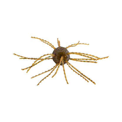 The Strike King Tumbleweed Salted 3" 4pk features brown and yellow round-bodied lures with thin, wavy legs for lifelike, spider-like action—ideal for fishing and shown against a white background.