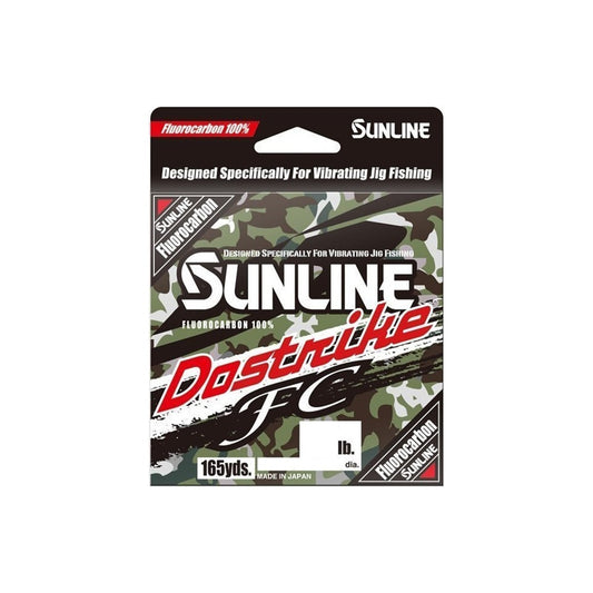 A package of Sunline Dostrike FC Fluorocarbon Line by Sunline, with a camouflage background, red and white text, and "165 yds." detail. Specially designed for use with vibrating jigs.