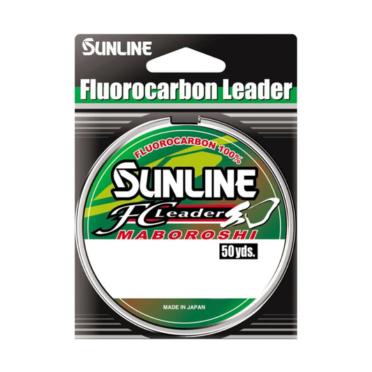 The Sunline FC Leader Maboroshi Fluorocarbon Leader by Sunline provides 50 yds of low visibility, 100% fluorocarbon line, packaged with "Made in Japan" on a green, black, and white label.