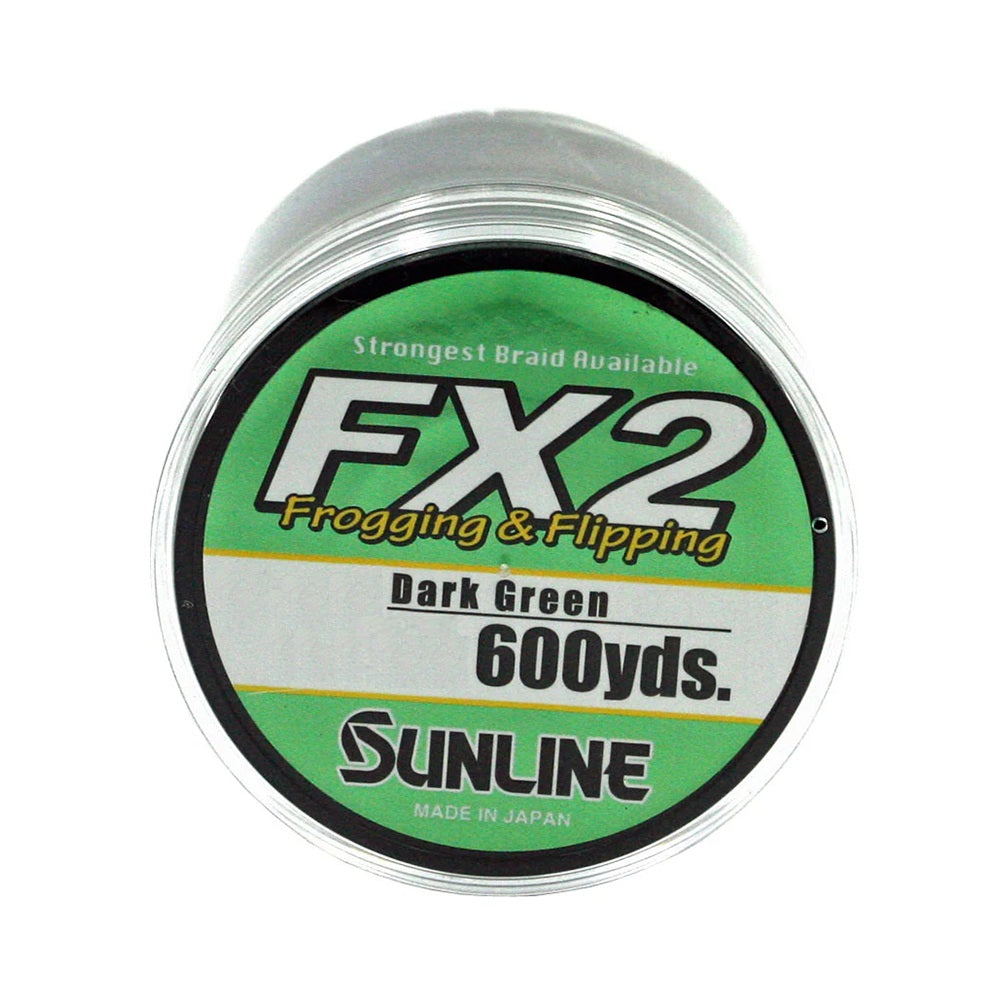 A 600-yard spool of Sunline FX2 Braided Line by Sunline in dark green, labeled "Frogging & Flipping" and "Strongest Braid Available." Made in Japan.